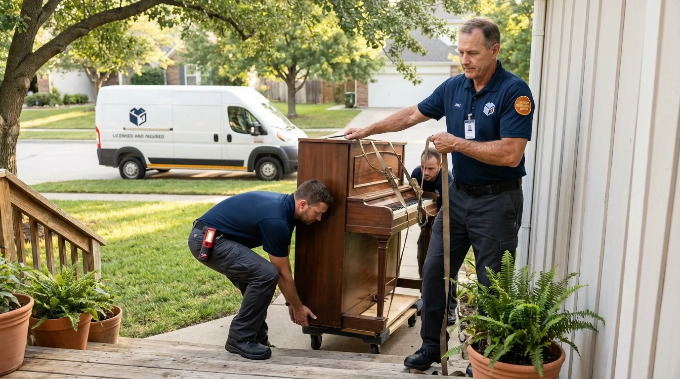 Licensed piano movers securing grand piano in Omaha, NE