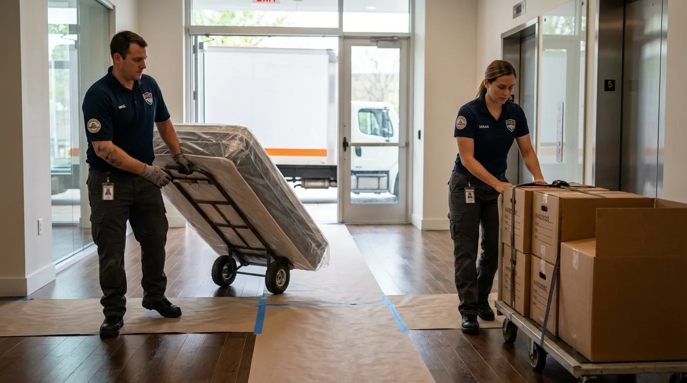 Professional apartment movers loading elevator in Omaha, NE